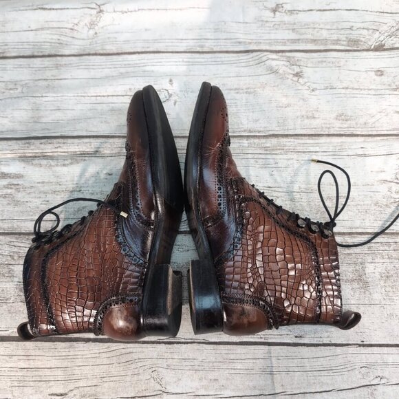 Lehato Brown Embossed Leather Wingtip Brogue Lace-Up Boots – Men’s US 7.5–8 - Picture 6 of 11